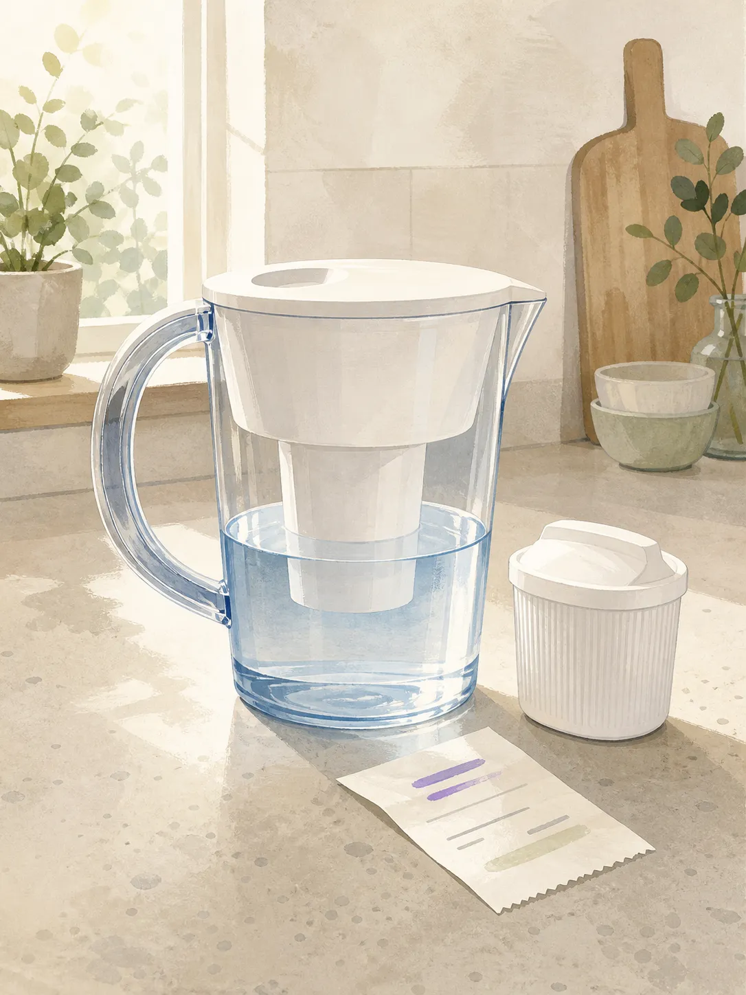 Water filter pitcher, replacement cartridge, and receipt on a clean kitchen counter